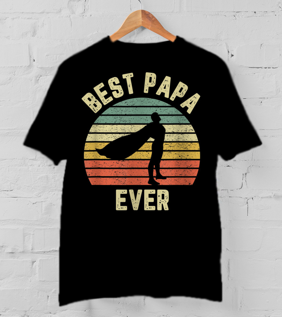 Best Papa Ever Superhero Vintage Retro Stripes T-Shirt