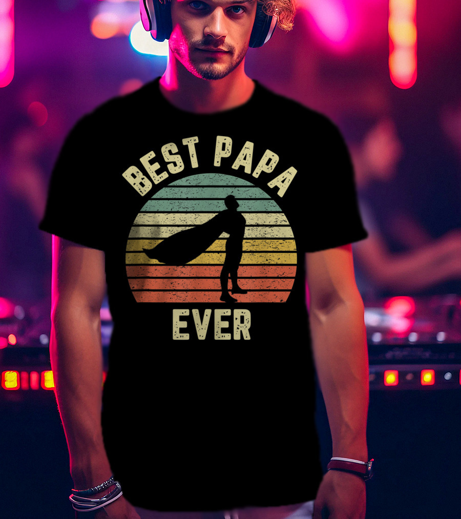 Best Papa Ever Superhero Vintage Retro Stripes T-Shirt