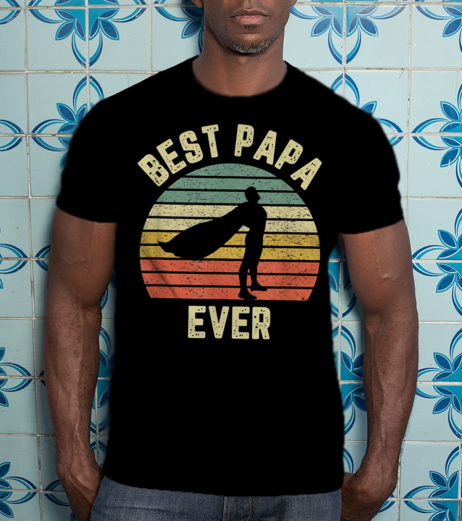 Best Papa Ever Superhero Vintage Retro Stripes T-Shirt