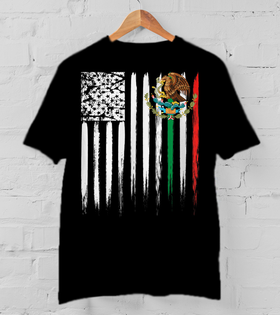 Mexican American Flag With Eagle And Serpent Symbol On Distressed Stripes T-Shirt