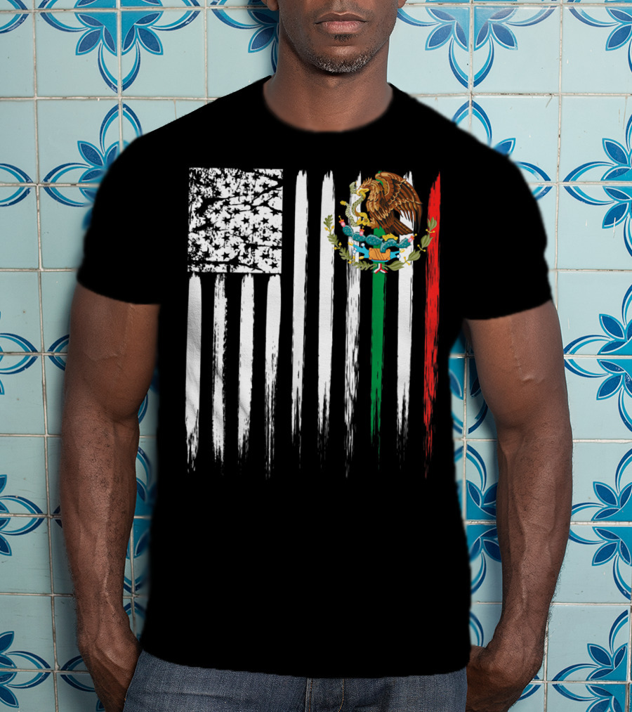 Mexican American Flag With Eagle And Serpent Symbol On Distressed Stripes T-Shirt