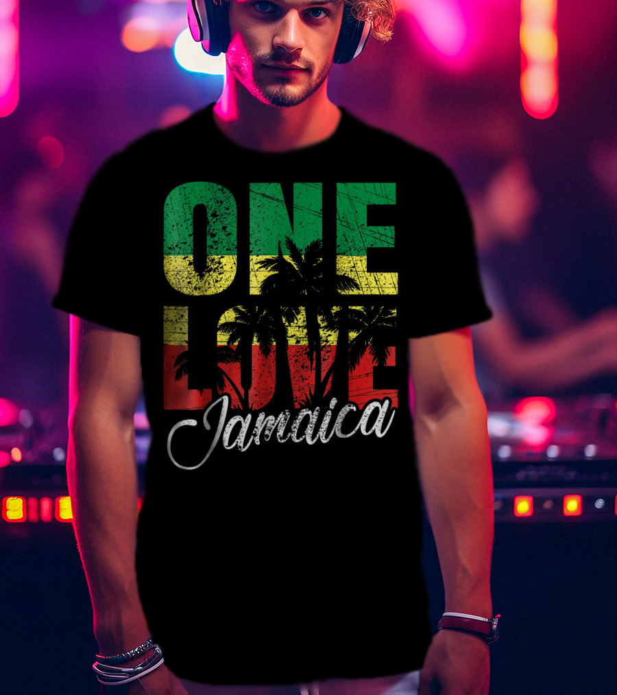 One Love Jamaica Caribbean Vacation Reggae Colors Palm Trees T-Shirt