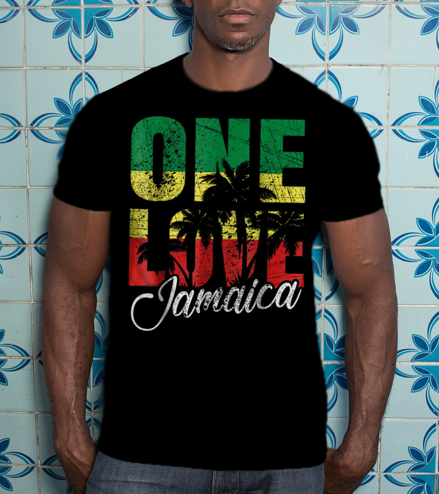 One Love Jamaica Caribbean Vacation Reggae Colors Palm Trees T-Shirt