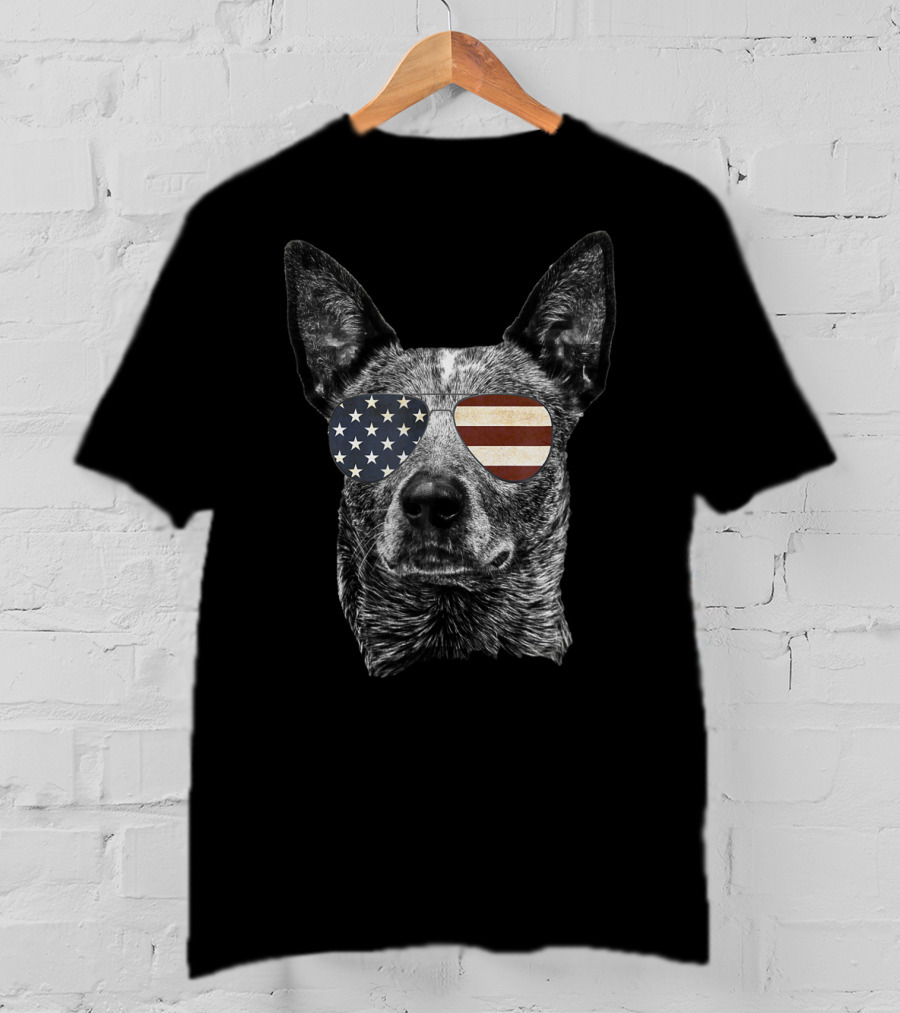 Patriotic Australian Cattle Dog USA Flag Sunglasses T-Shirt