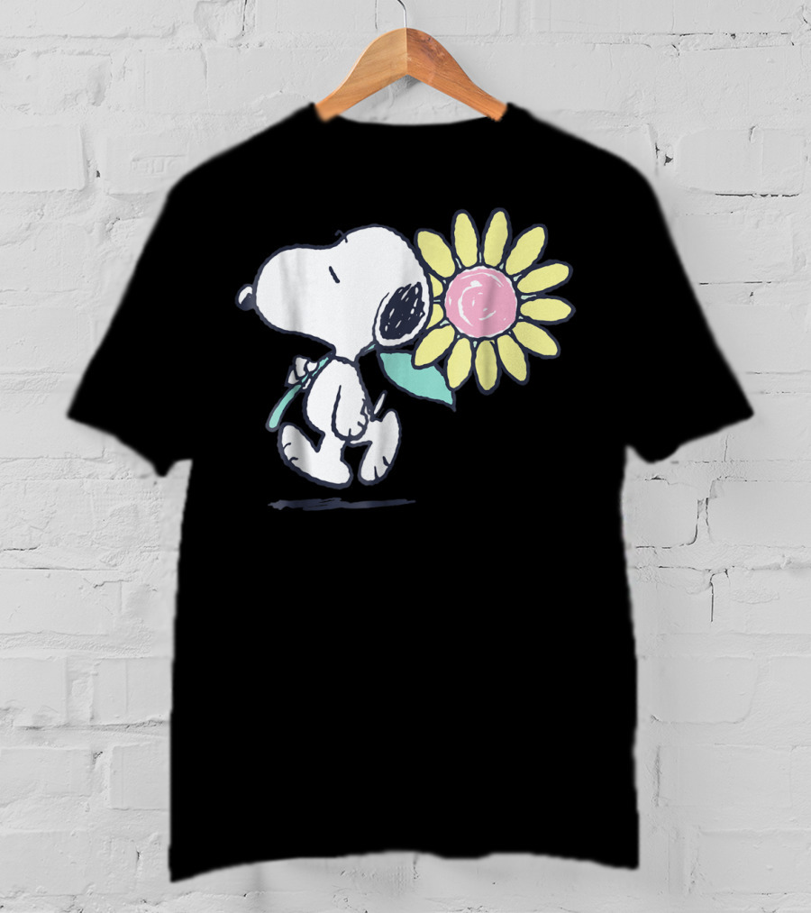 Peanuts Snoopy Walking With Pink Daisy Flower T-Shirt