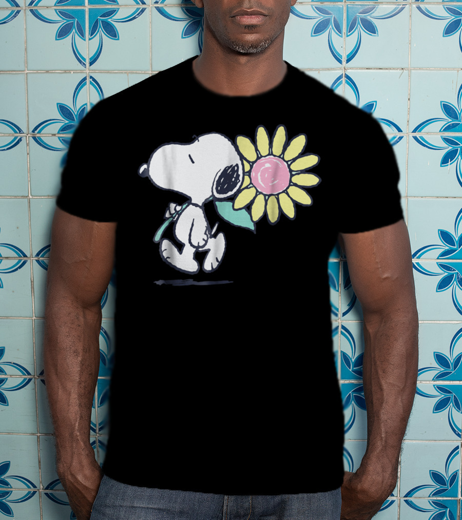 Peanuts Snoopy Walking With Pink Daisy Flower T-Shirt