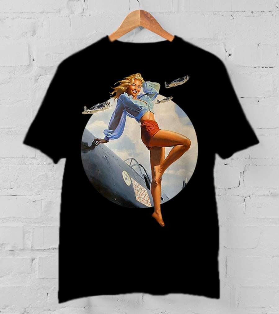 Pin Up Blonde With WWII 40s Air Force Plane And Iconic T-Shirt