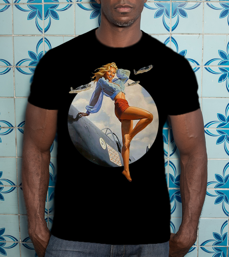 Pin Up Blonde With WWII 40s Air Force Plane And Iconic T-Shirt
