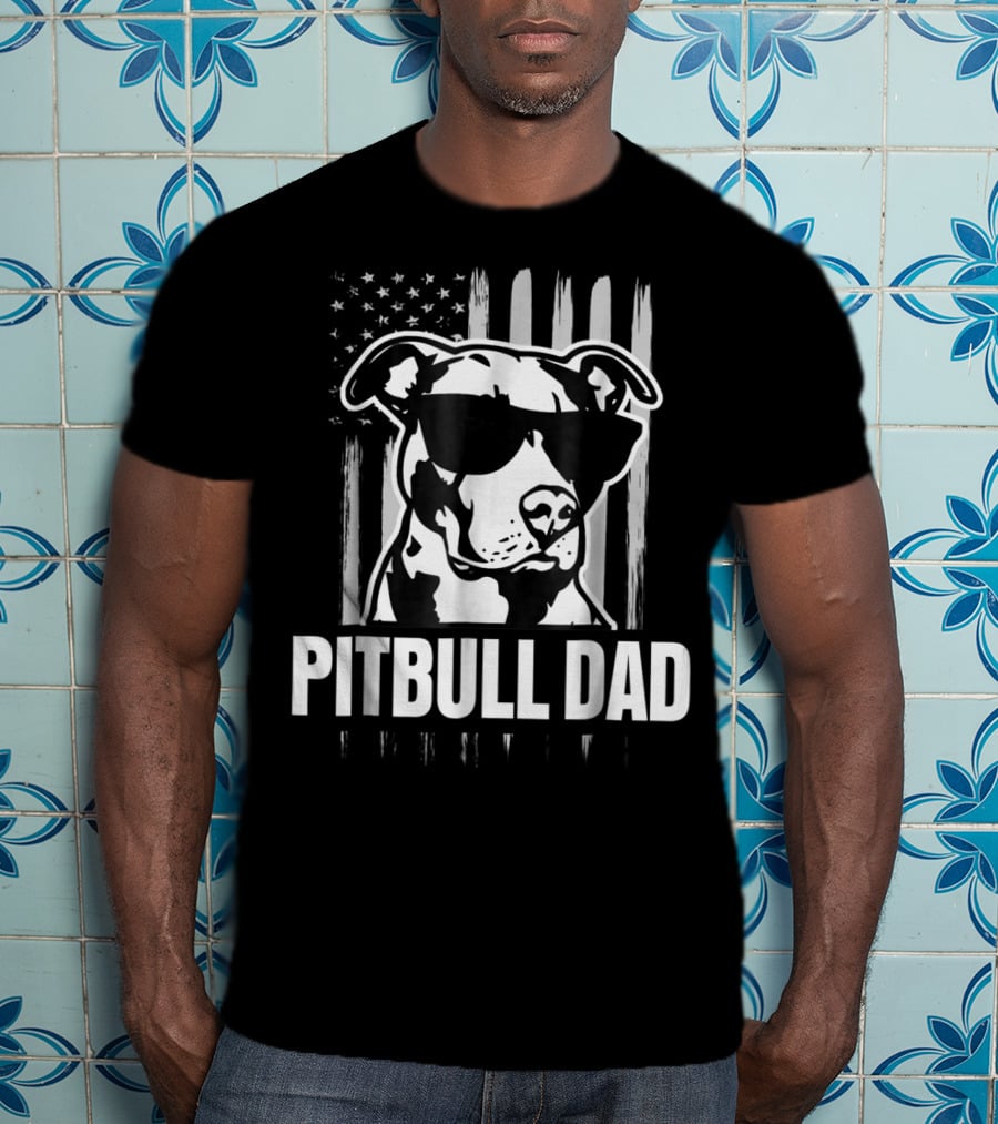 Pitbull Dad Mens Proud American Pit Bull Dog With Sunglasses And Flag T-Shirt