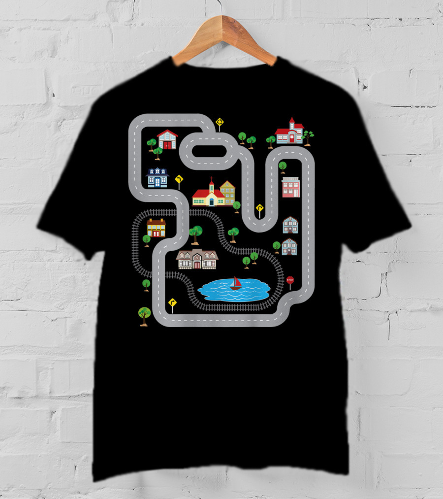 Playmat Road With Train Track And Car Race Route Through Town T-Shirt