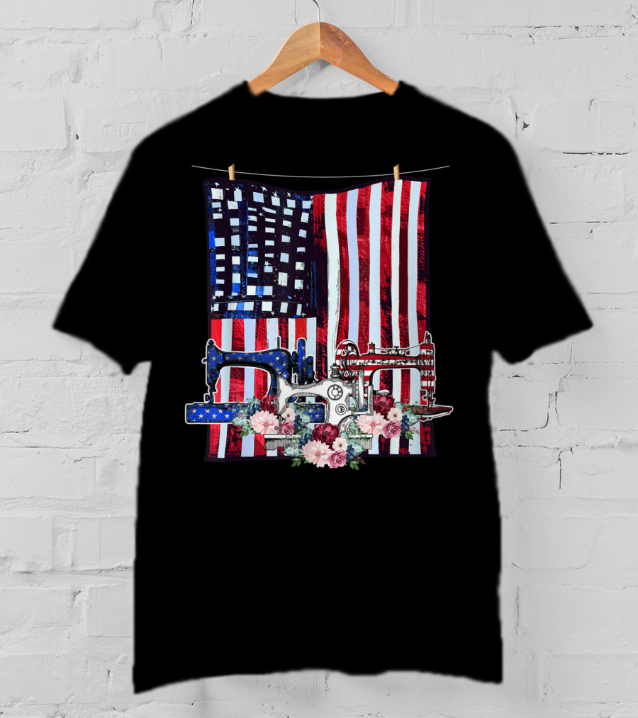 American Quilting Sewing Machines USA Flag Floral T-Shirt