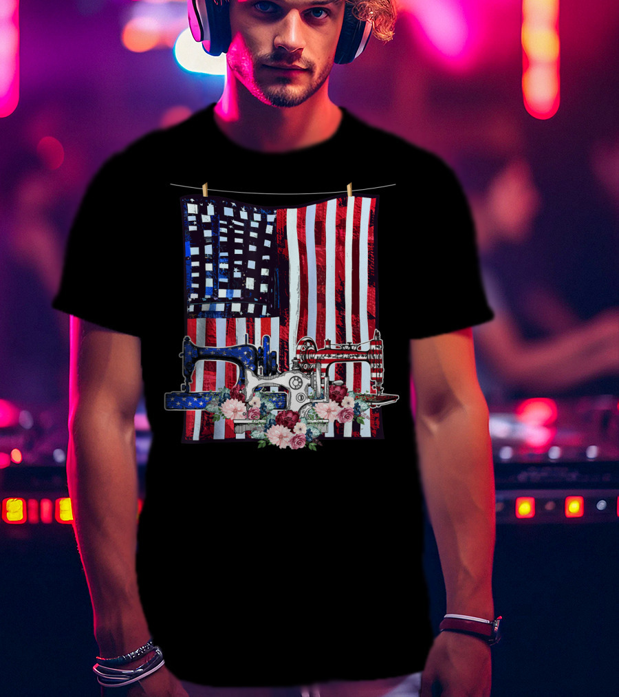 American Quilting Sewing Machines USA Flag Floral T-Shirt