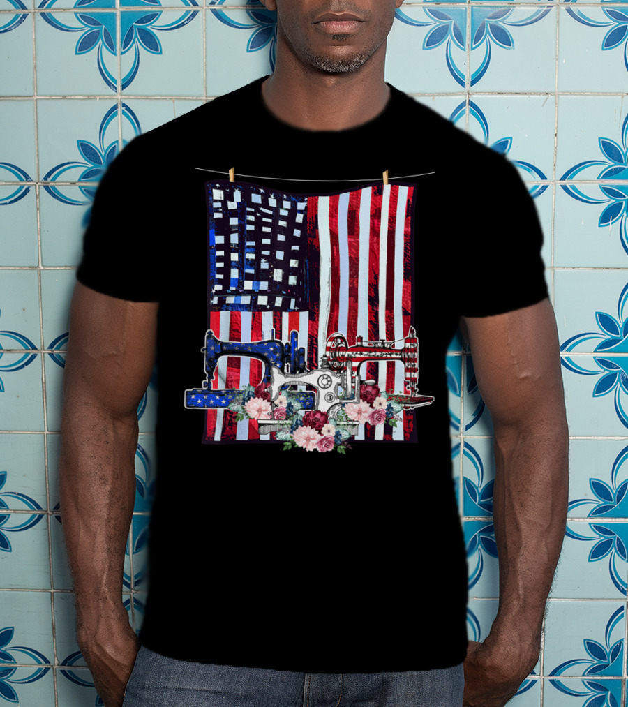 American Quilting Sewing Machines USA Flag Floral T-Shirt