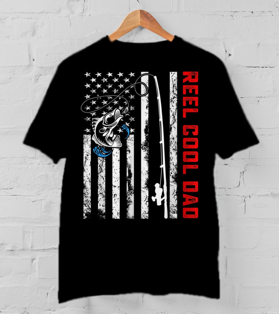 Reel Cool Dad American Flag Fishing Patriotic Father's Day Birthday T-Shirt