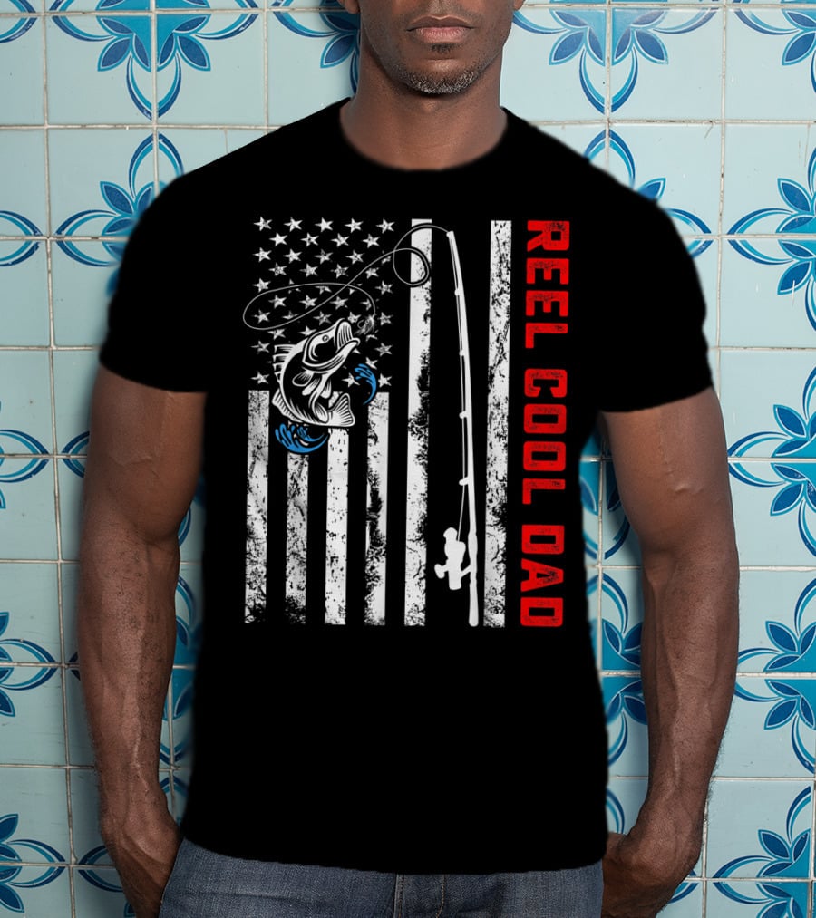Reel Cool Dad American Flag Fishing Patriotic Father's Day Birthday T-Shirt