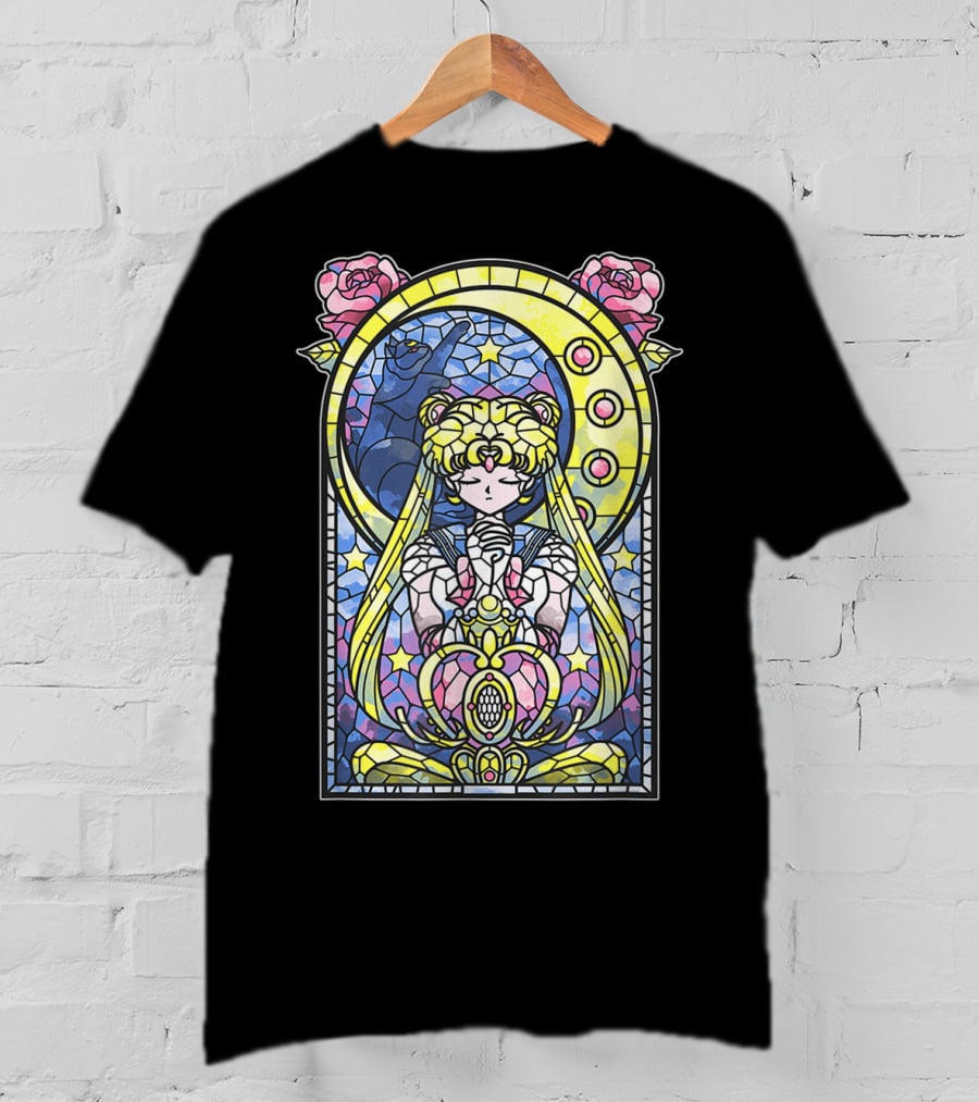 Sailor Moon Blessing Stained Glass Style Roses And Moon Phases T-Shirt
