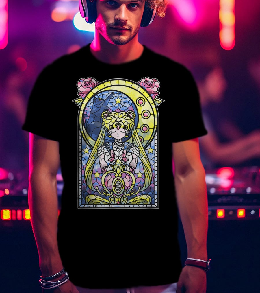 Sailor Moon Blessing Stained Glass Style Roses And Moon Phases T-Shirt