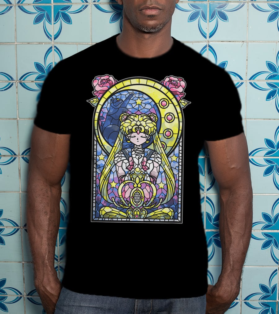 Sailor Moon Blessing Stained Glass Style Roses And Moon Phases T-Shirt