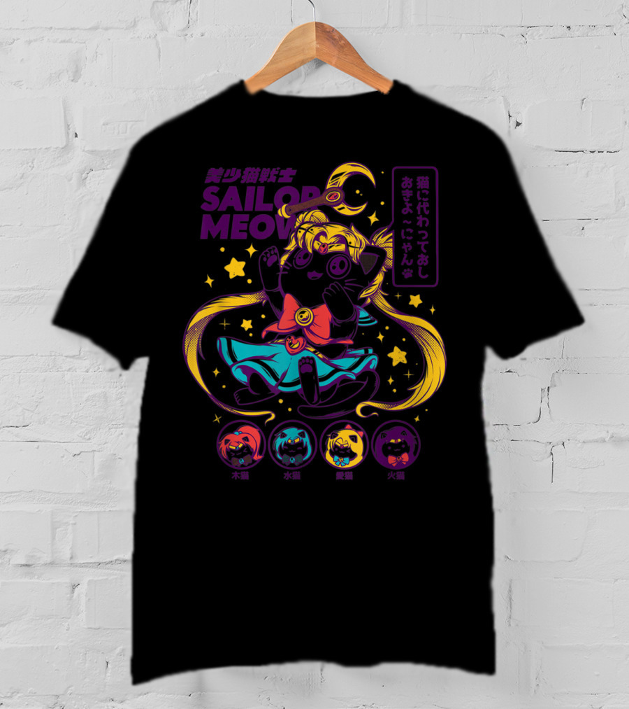 Sailor Meow Moon Anime Cat With Stars And Symbols T-Shirt