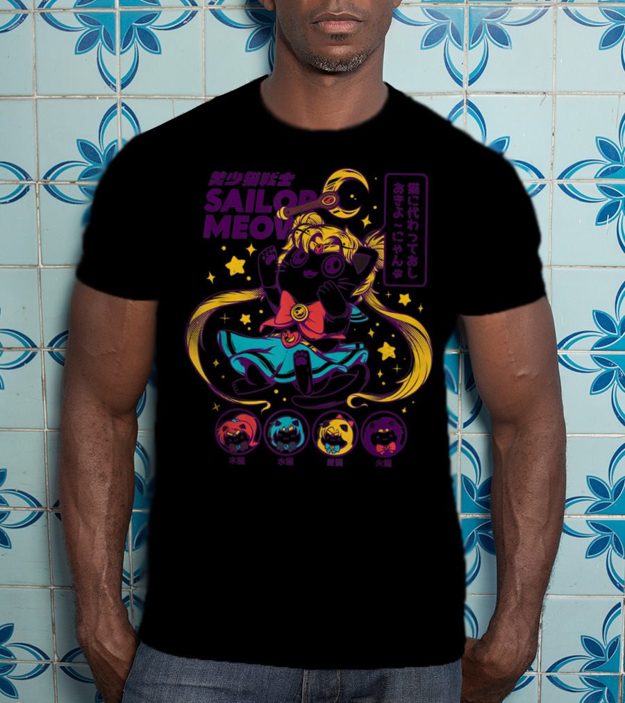 Sailor Meow Moon Anime Cat With Stars And Symbols T-Shirt