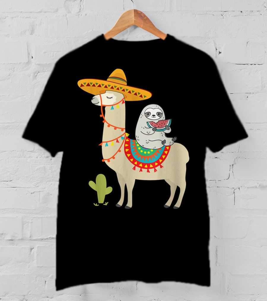 Cinco De Mayo Sloth Riding Llama Fiesta With Sombrero And Cactus T-Shirt