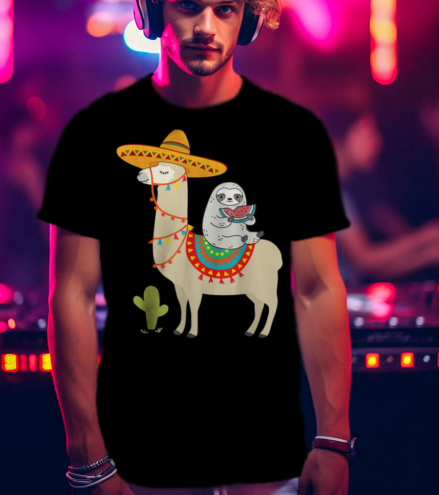 Cinco De Mayo Sloth Riding Llama Fiesta With Sombrero And Cactus T-Shirt