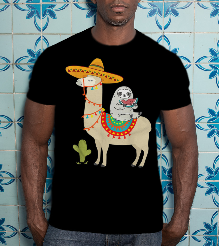 Cinco De Mayo Sloth Riding Llama Fiesta With Sombrero And Cactus T-Shirt