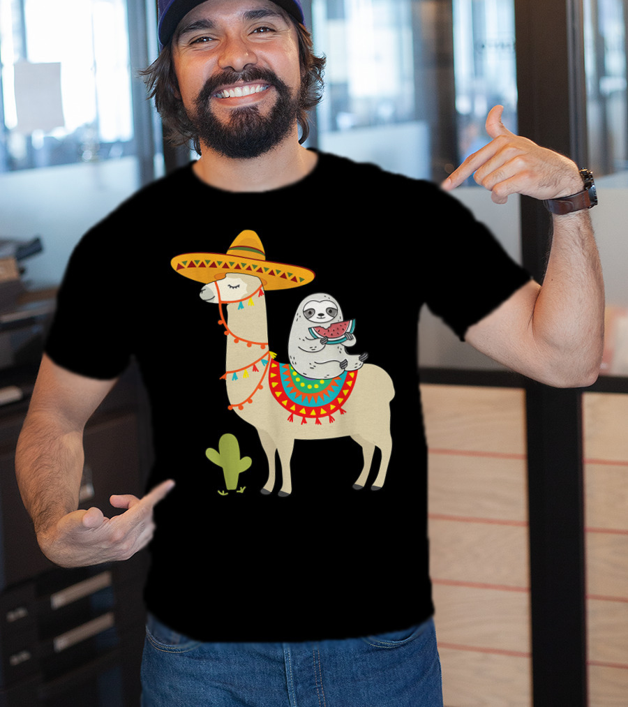 Cinco De Mayo Sloth Riding Llama Fiesta With Sombrero And Cactus T-Shirt