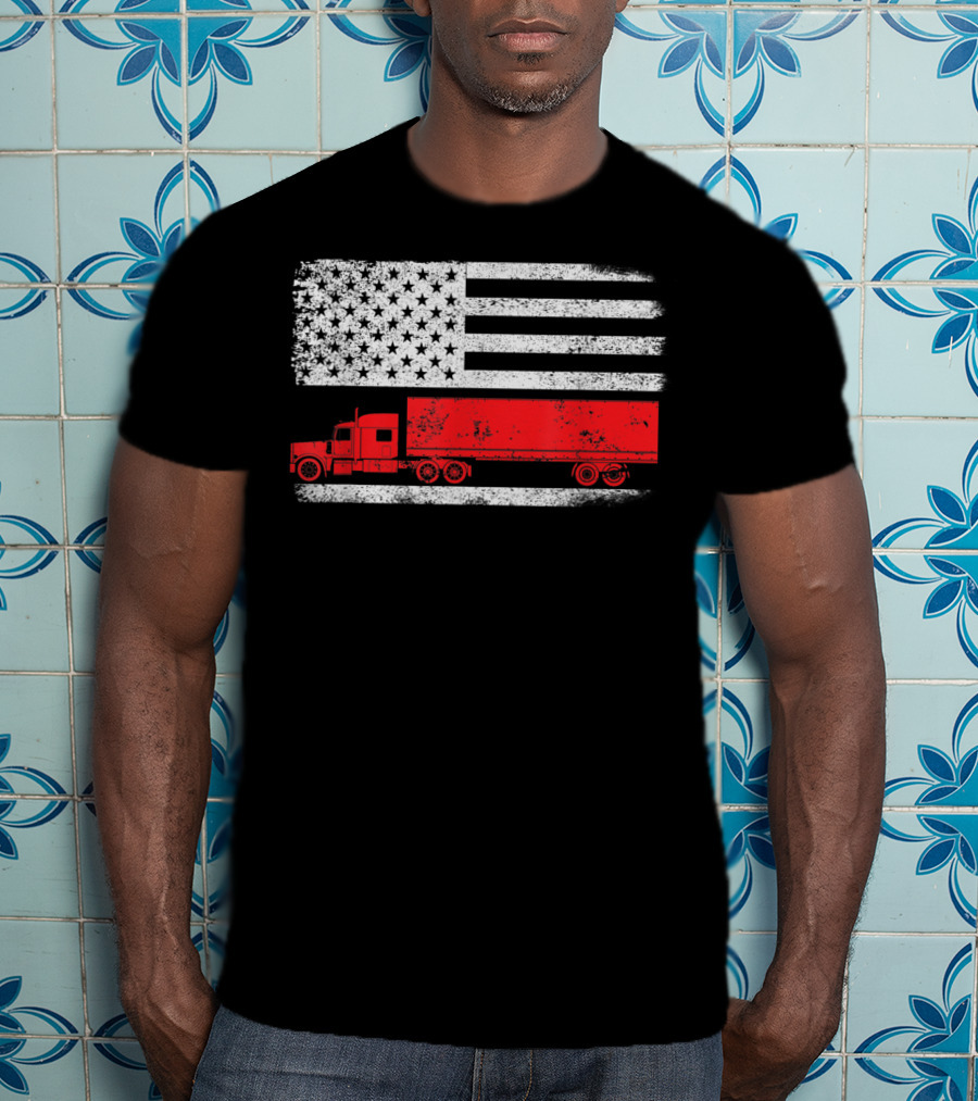 USA Flag American Trucker Red Semi Truck T-Shirt