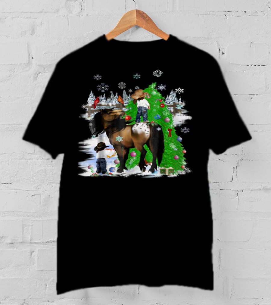 Holiday Cowboy Christmas Scene With Horse Snowflakes And Tree T-Shirt