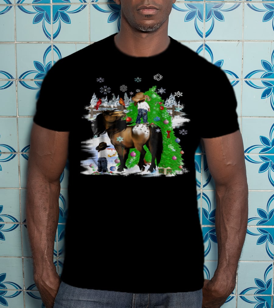 Holiday Cowboy Christmas Scene With Horse Snowflakes And Tree T-Shirt