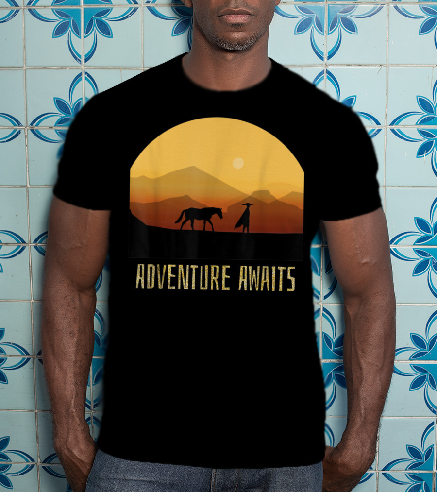 Adventure Awaits Sunset Man Horse Mountains T-Shirt