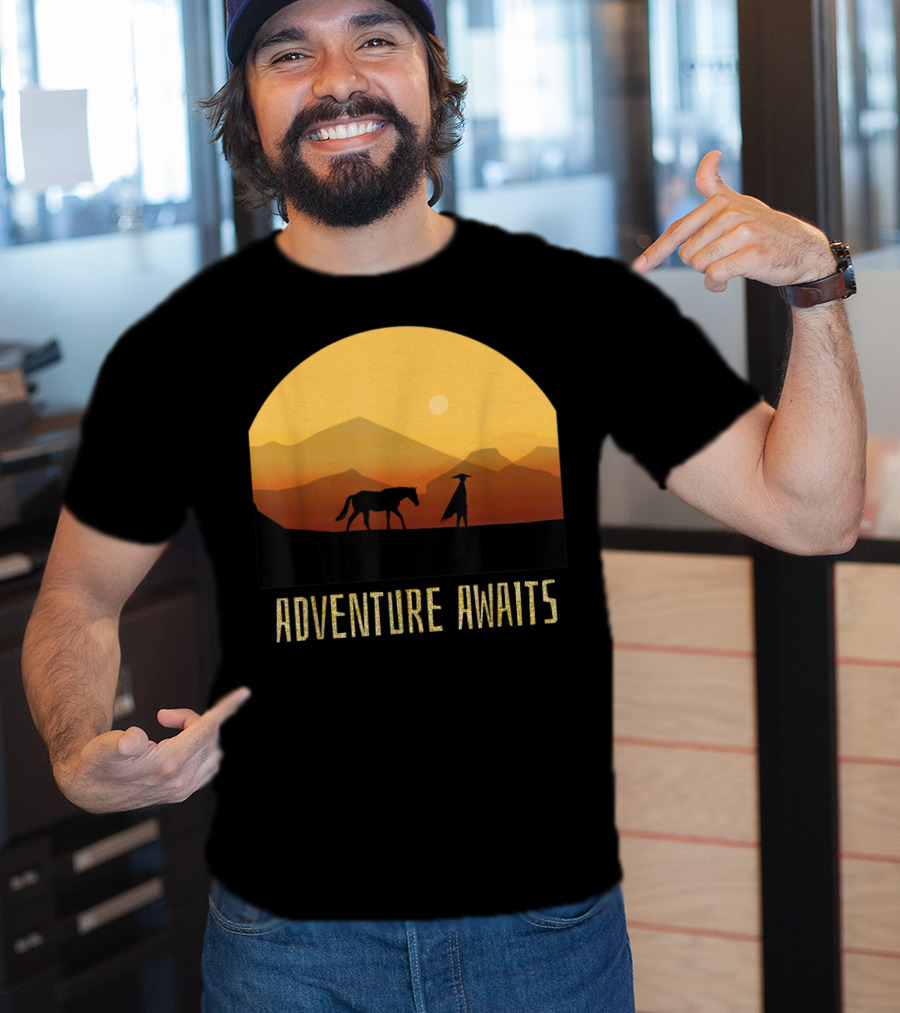 Adventure Awaits Sunset Man Horse Mountains T-Shirt