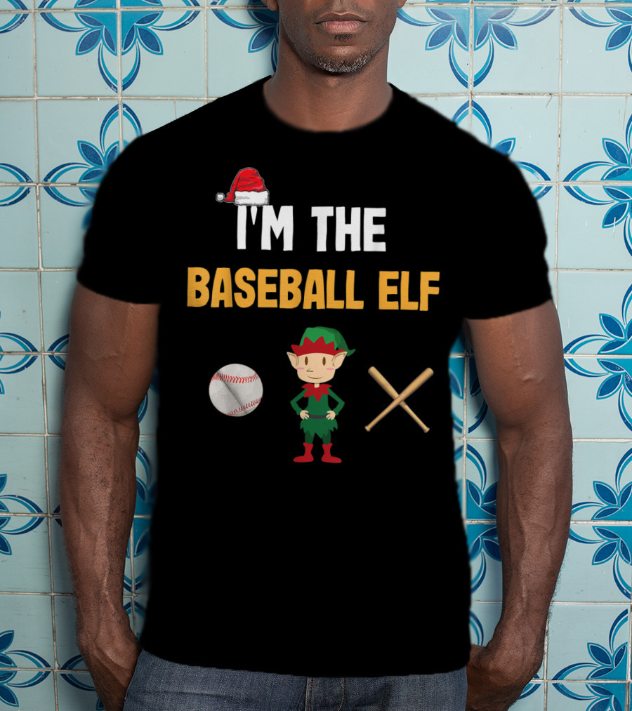 I'm The Baseball Elf Santa Hat Baseball Emoji Elf Bat Cross T-Shirt