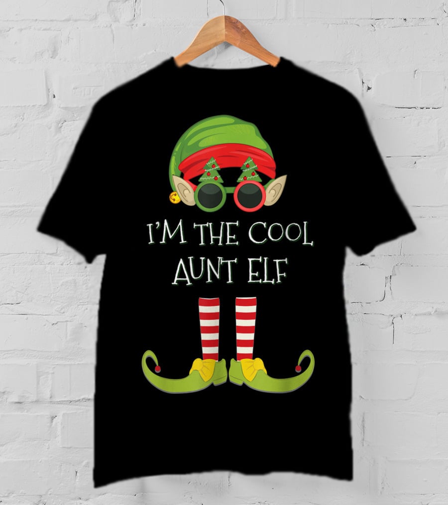 I'm The Cool Aunt Elf Christmas Costume Striped Stockings Green Hat Glasses T-Shirt