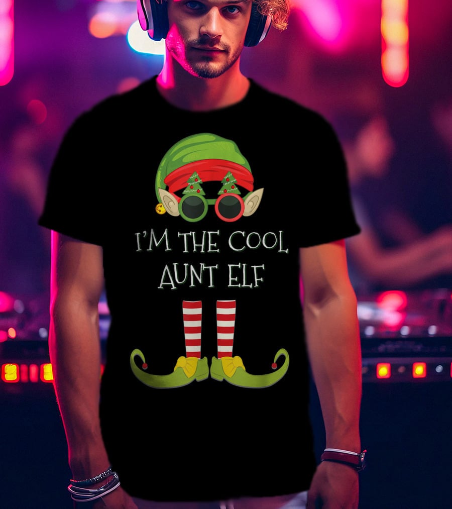 I'm The Cool Aunt Elf Christmas Costume Striped Stockings Green Hat Glasses T-Shirt