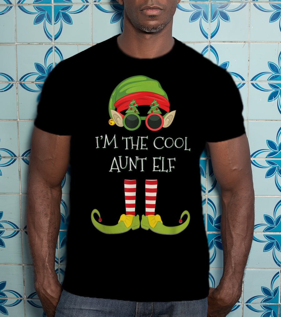 I'm The Cool Aunt Elf Christmas Costume Striped Stockings Green Hat Glasses T-Shirt