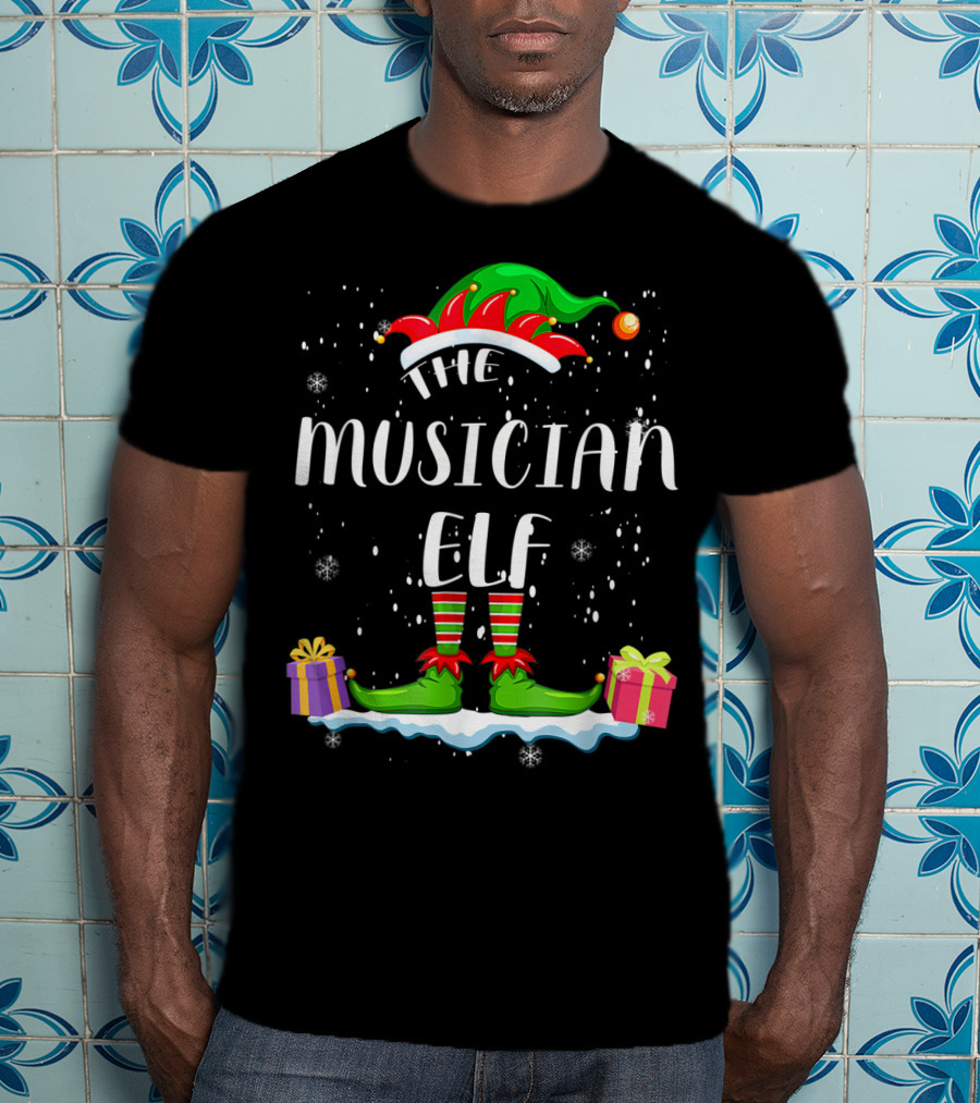 The Musician Elf Christmas Apparel With Festive Gifts And Snowflakes T-Shirt