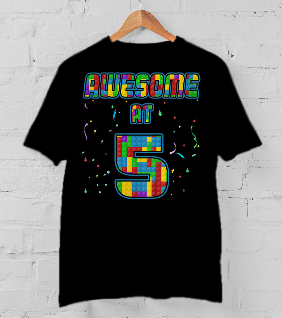 AWESOME AT 5 Kids 5 Years Old Birthday Age Five Blocks T-Shirt