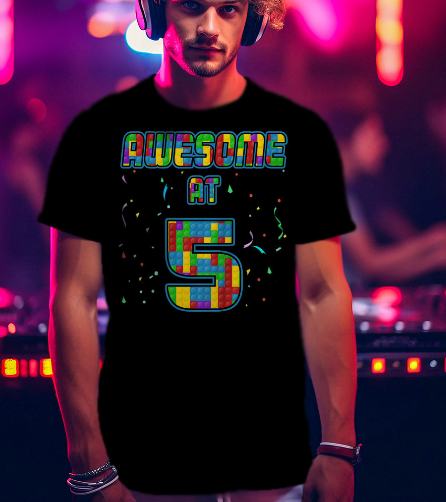 AWESOME AT 5 Kids 5 Years Old Birthday Age Five Blocks T-Shirt