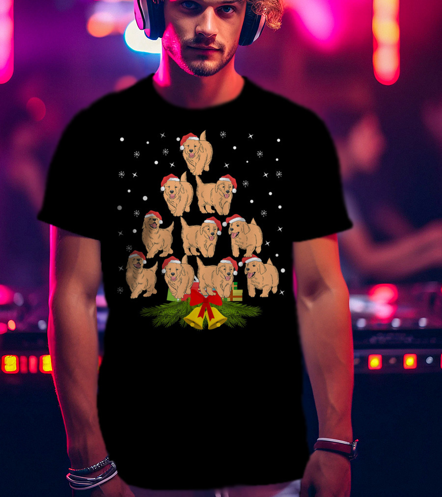 Labrador Puppies Santa Hats Christmas Tree Holiday Snowflakes Bells Gifts T-Shirt
