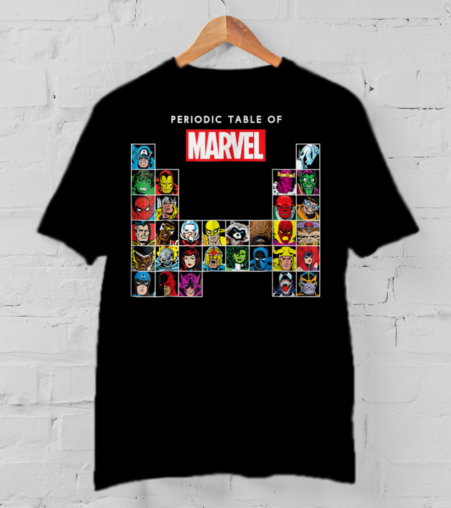 Periodic Table Of Marvel Heroes And Villains Classic Comic Characters T-Shirt