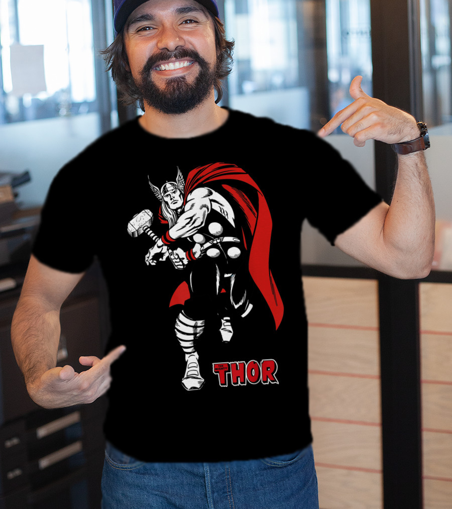 Marvel Comics Thor Mighty Hammer Swing Red Cape T-Shirt