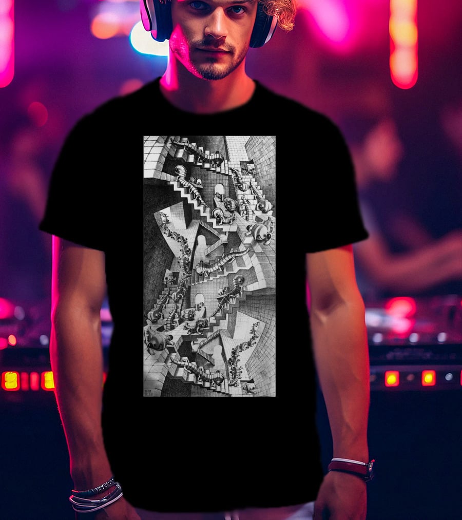 Escher Relativity Optical Illusion Staircase Maze In Three Colors T-Shirt
