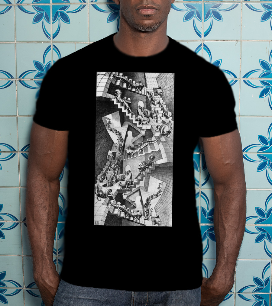 Escher Relativity Optical Illusion Staircase Maze In Three Colors T-Shirt
