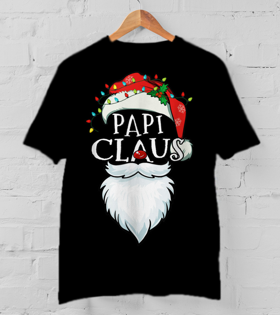 Mens Papi Claus Santa Hat Xmas Costume Family Beard Lights T-Shirt