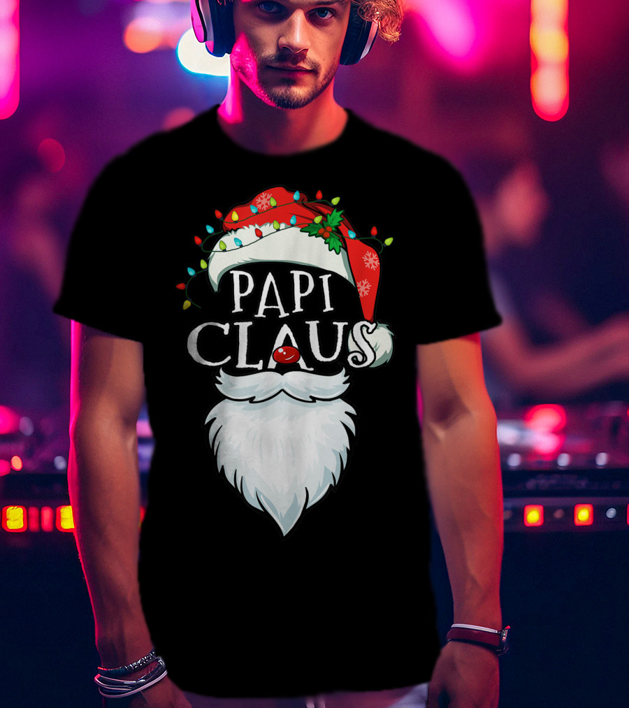 Mens Papi Claus Santa Hat Xmas Costume Family Beard Lights T-Shirt