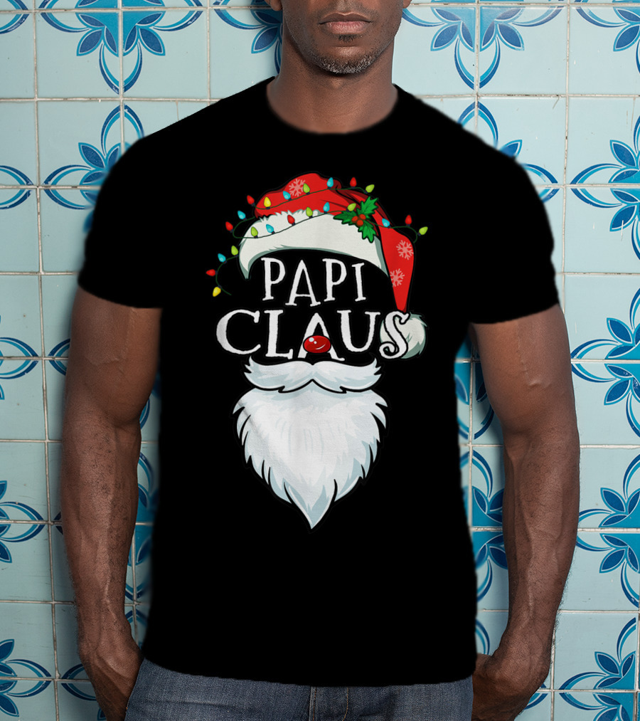 Mens Papi Claus Santa Hat Xmas Costume Family Beard Lights T-Shirt