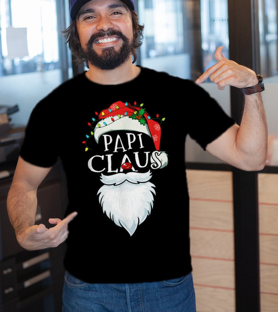 Mens Papi Claus Santa Hat Xmas Costume Family Beard Lights T-Shirt