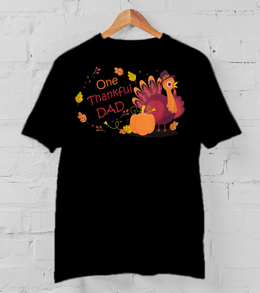 One Thankful Dad Turkey With Pumpkin And Autumn Leaves T-Shirt